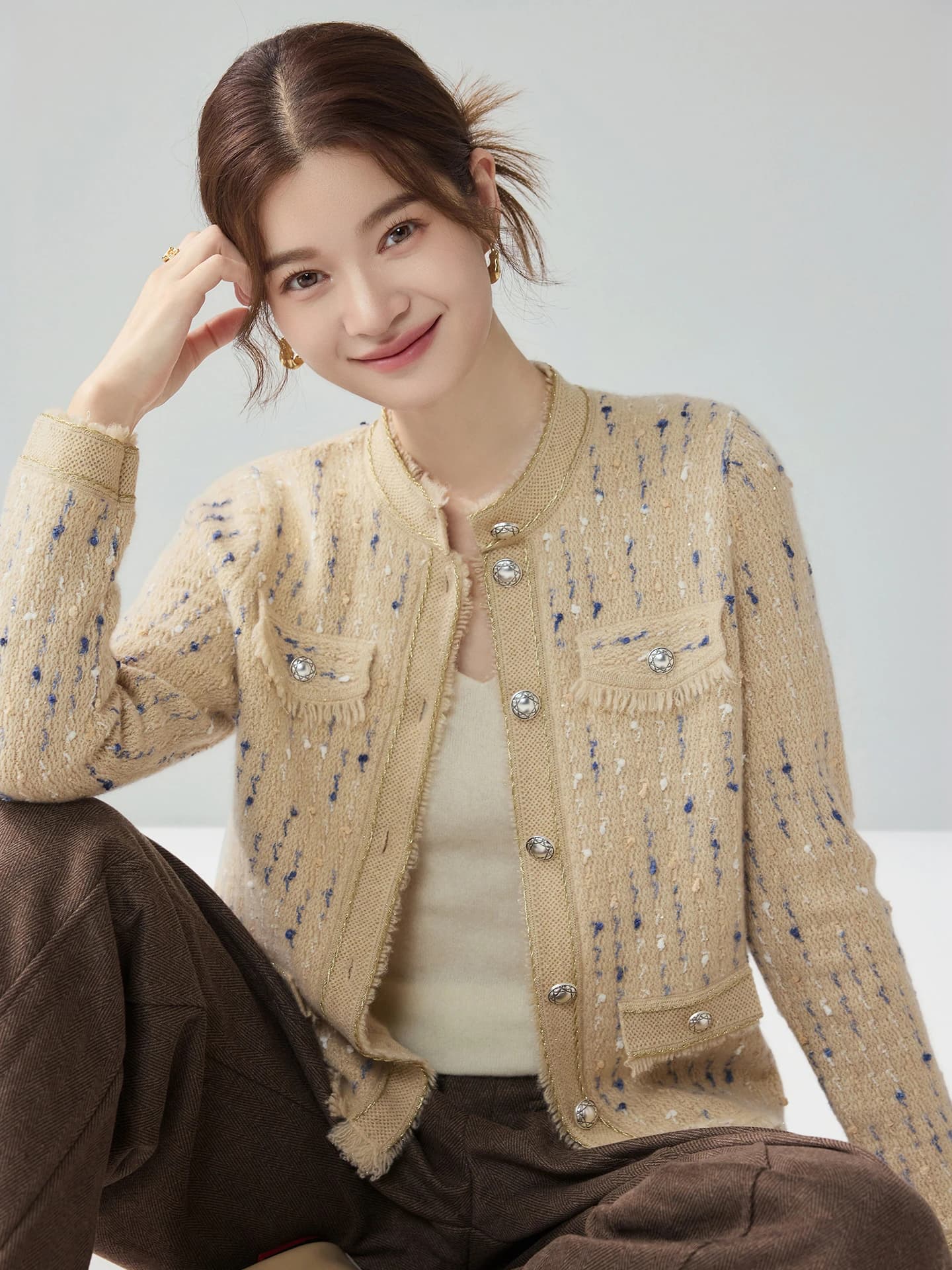 Heavyweight Marled Gold-Thread Tweed-Style Cardigan · FRONT