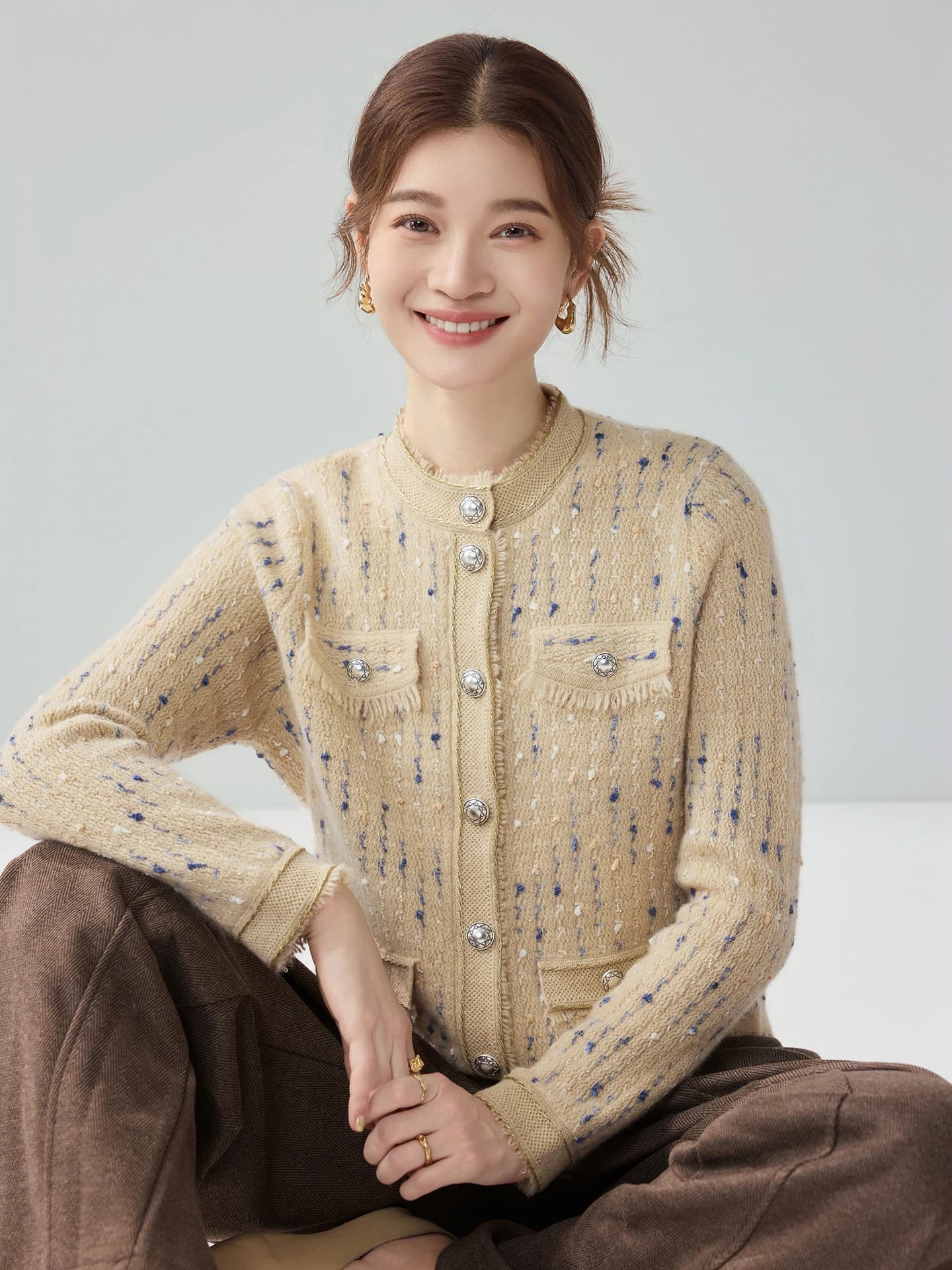 Heavyweight Marled Gold-Thread Tweed-Style Cardigan · FRONT