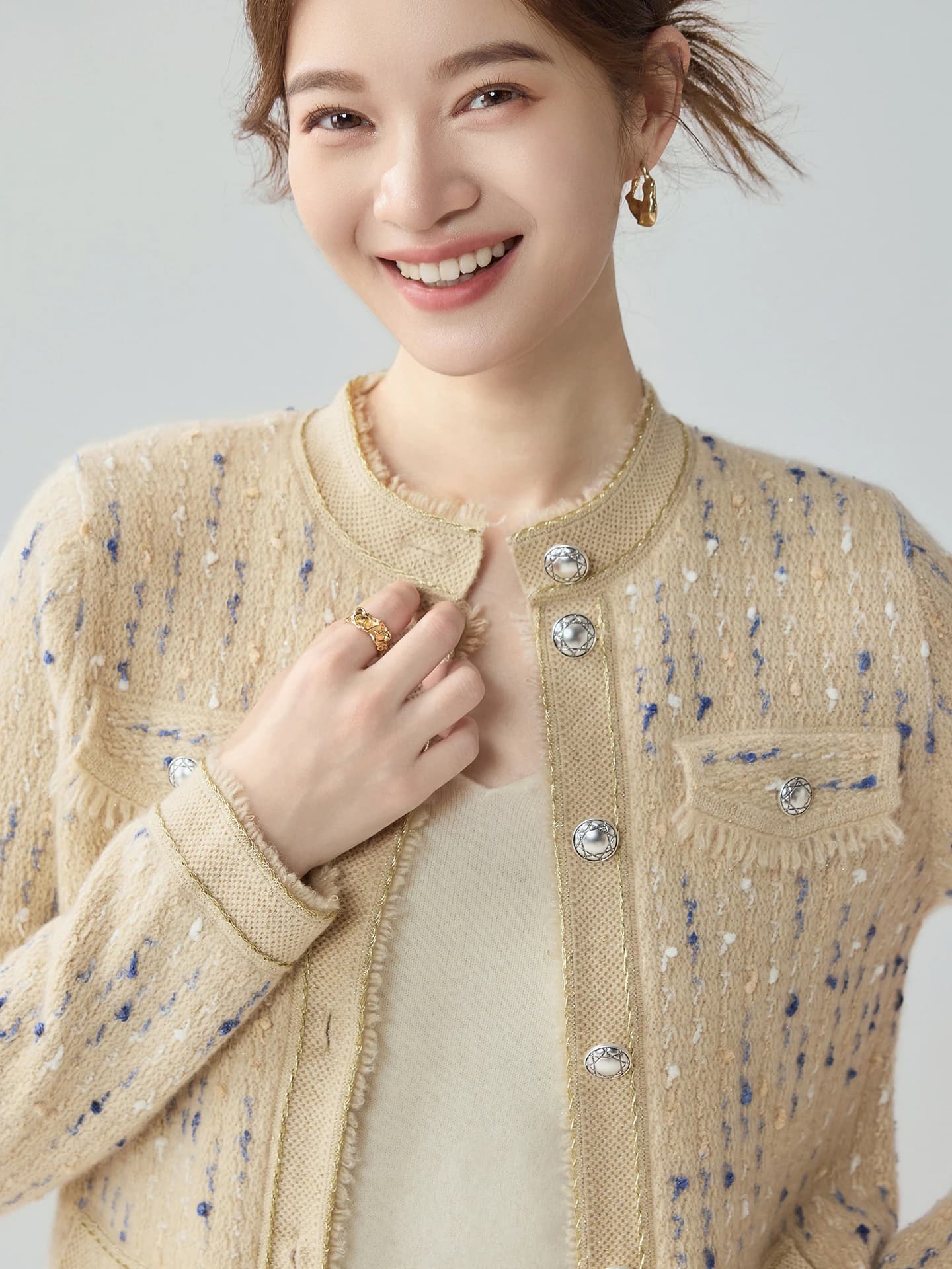 Heavyweight Marled Gold-Thread Tweed-Style Cardigan · FRONT