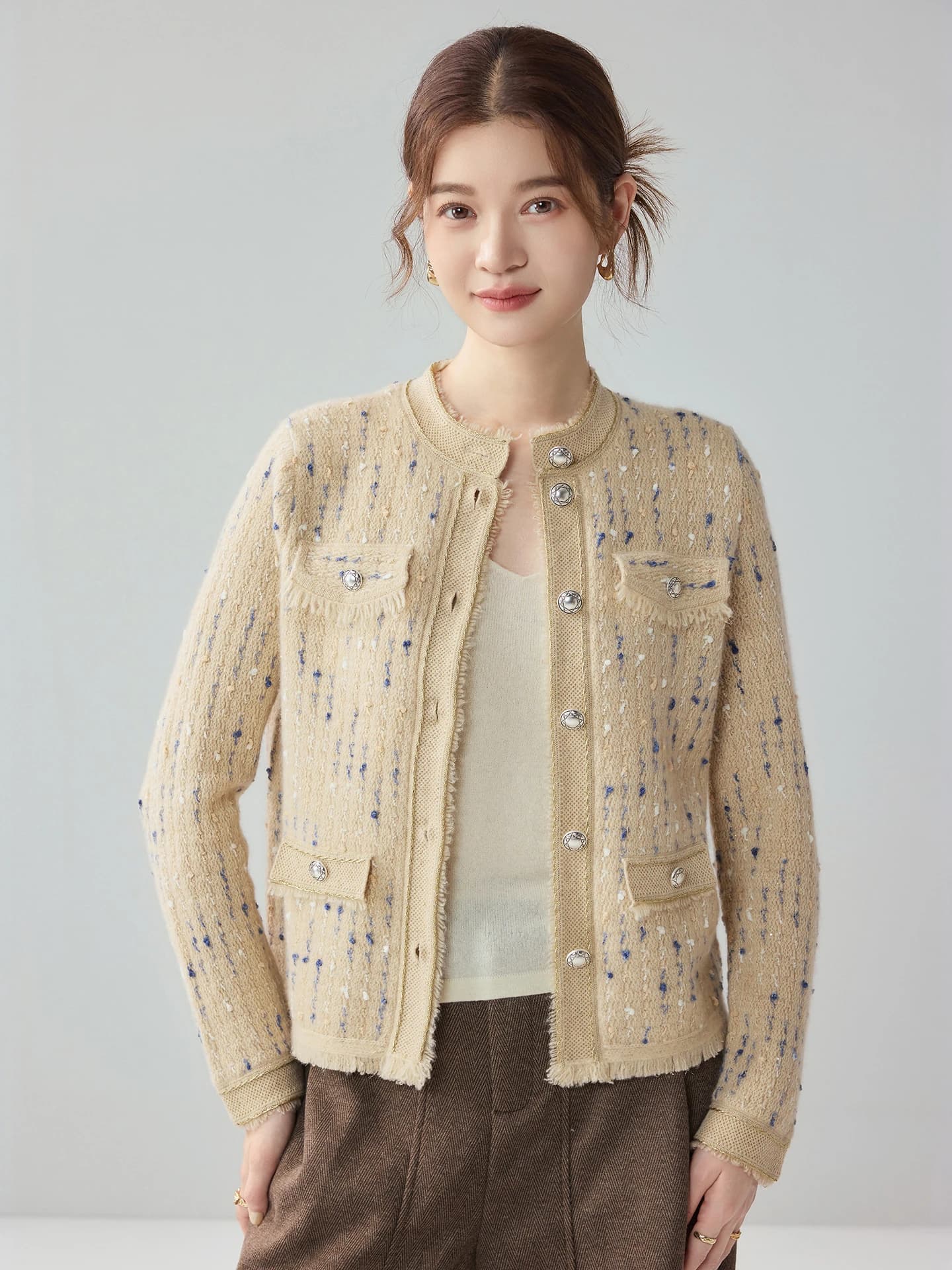 Heavyweight Marled Gold-Thread Tweed-Style Cardigan · FRONT