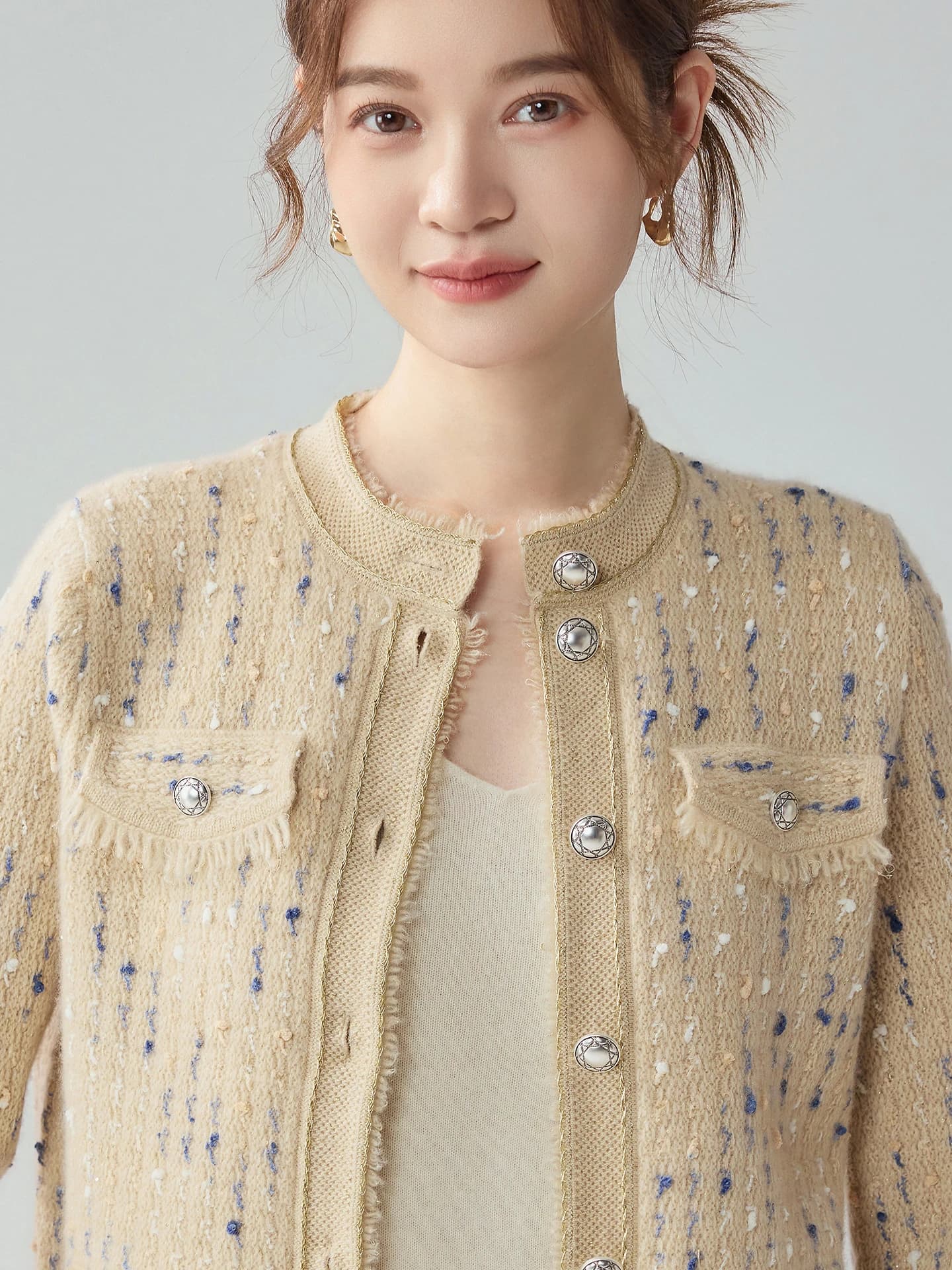 Heavyweight Marled Gold-Thread Tweed-Style Cardigan · FRONT