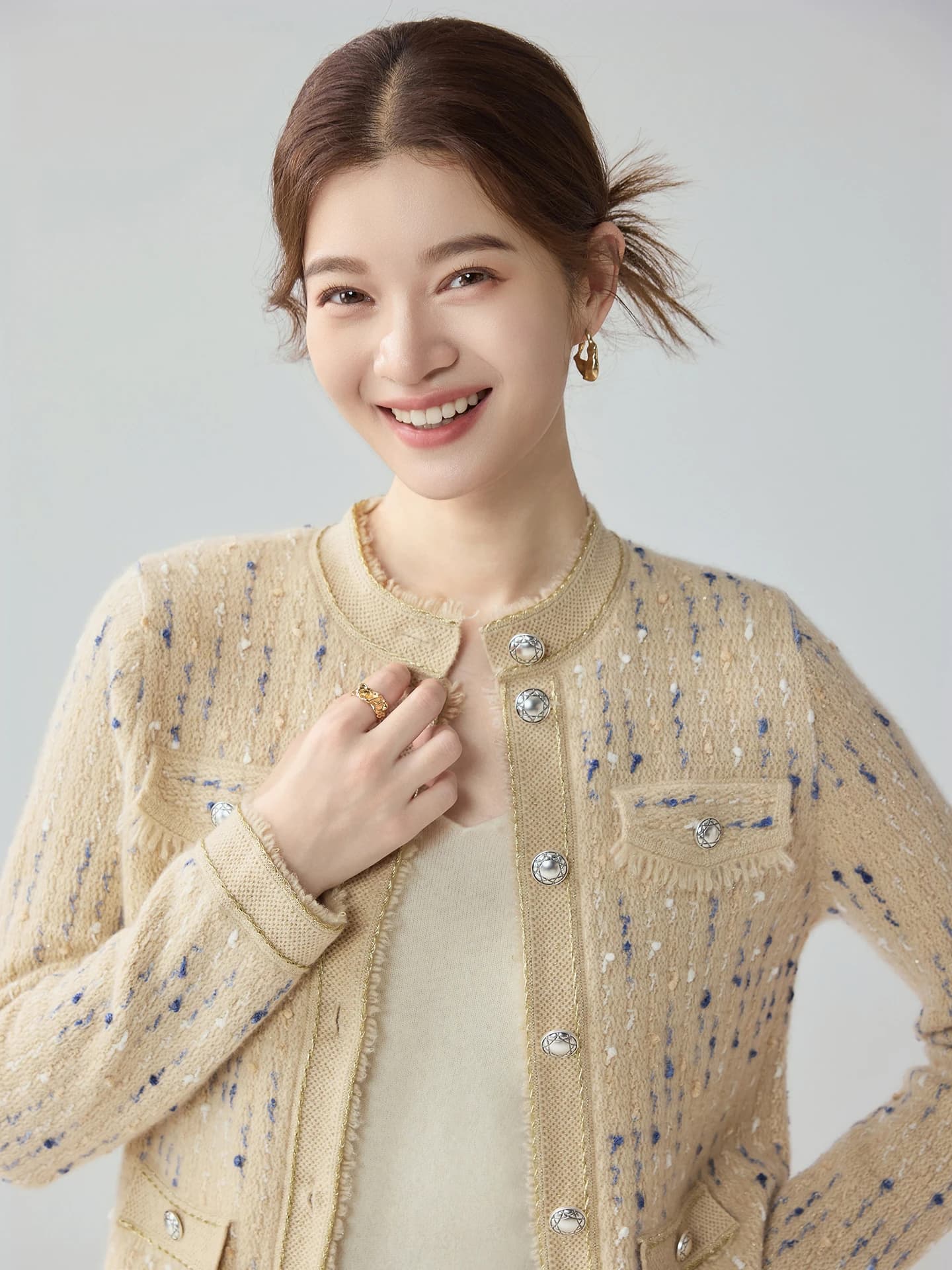 Heavyweight Marled Gold-Thread Tweed-Style Cardigan · FRONT