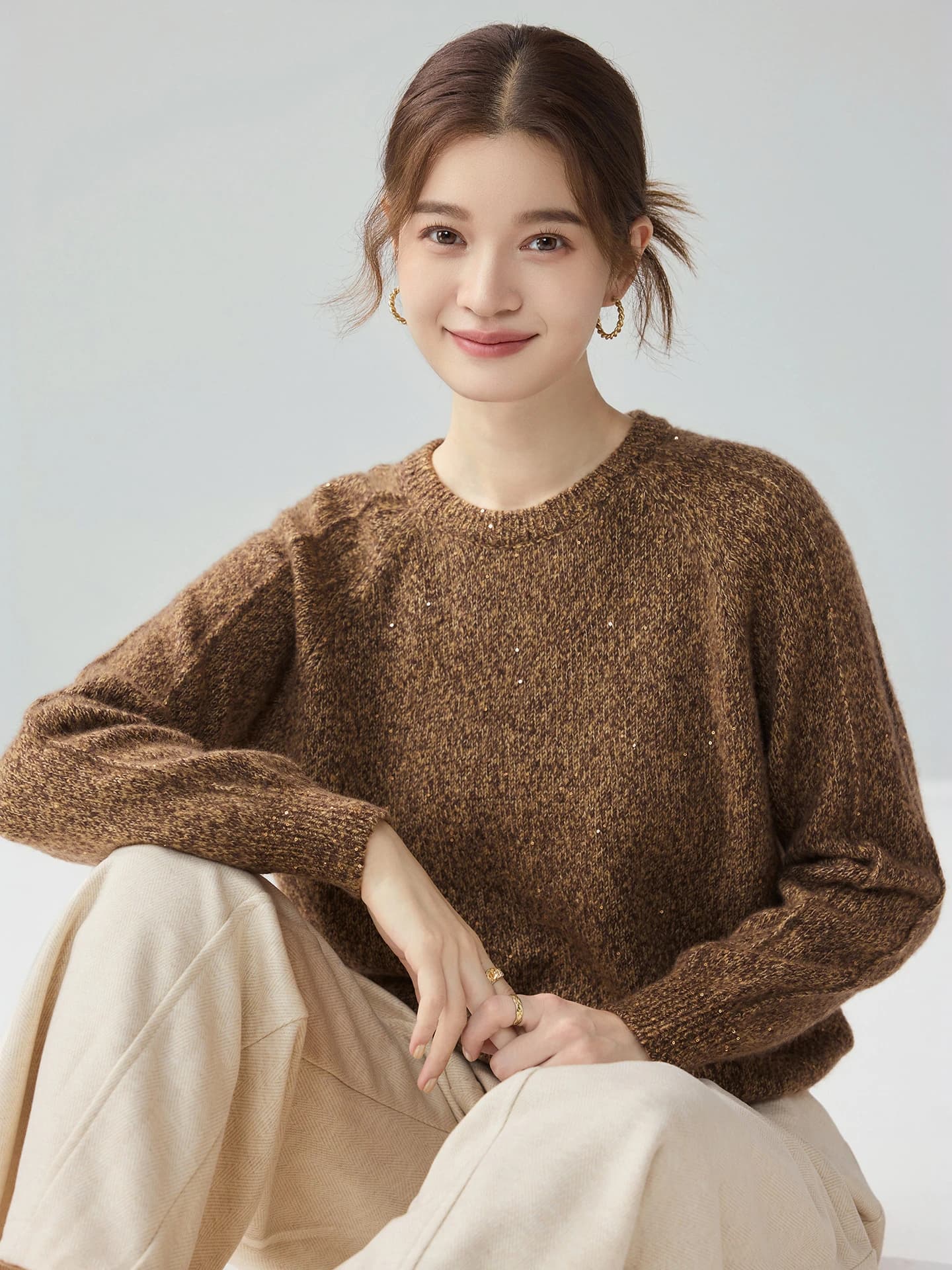 Velvet 3-5-7-Gauge Heavyweight Lurex Sequin Exposed-Seam Crew-Neck · FRONT