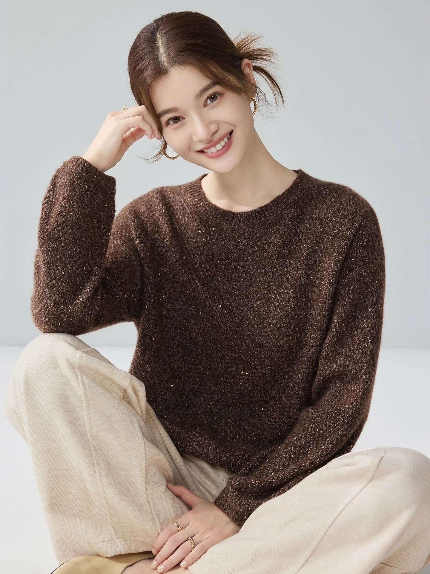 Velvet 3-5-7-Gauge Single-Ply Honeycomb Lurex Sequin Crew-Neck · FRONT