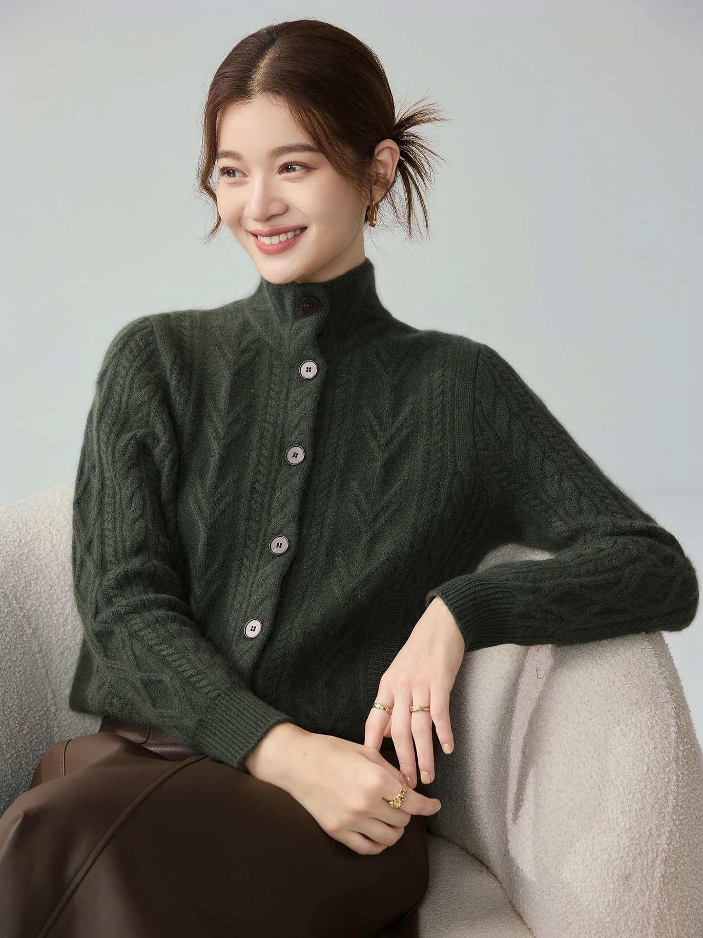 7-Gauge Heavyweight Stand-Collar Cable-Knit Cardigan · FRONT