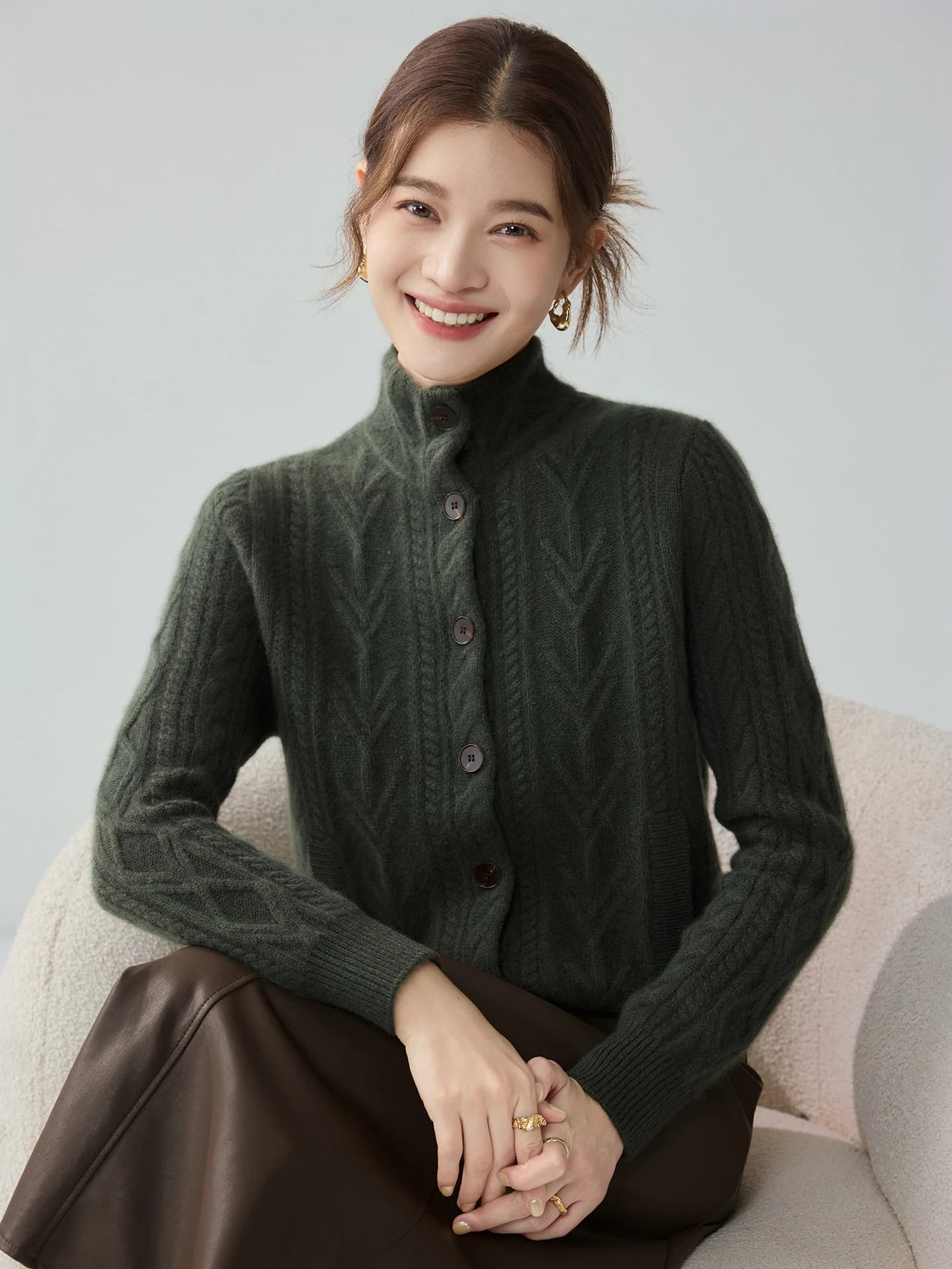 7-Gauge Heavyweight Stand-Collar Cable-Knit Cardigan · FRONT